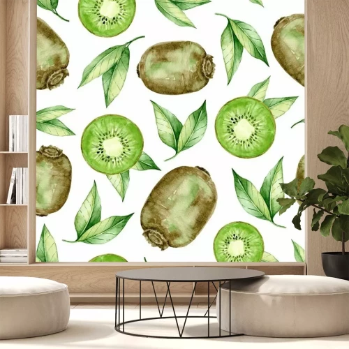 Sticker  Ripe juicy kiwi fruit with slices seamless pattern. Hand drawn watercolor exotic fruits wallpaper. Kiwi, green leaves.