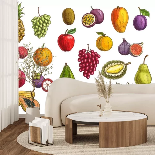 Sticker  Fruit and berry vector sketches with isolated exotic and garden food. Mango, papaya, grapes and apple, orange, pear, plum and durian, peach, fig, kiwi and avocado, carambola, feijoa and mangosteen