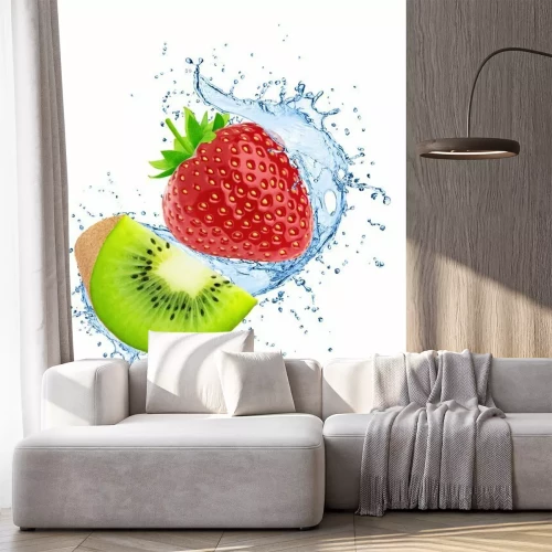 Sticker  Composition with kiwi and strawberry in water splashes isolated on white background.