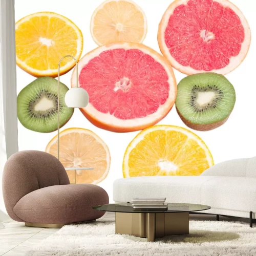 Sticker  sliced oranges grapefruits kiwi lemons isolated on white