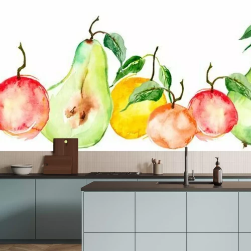 Sticker  Watercolor painting, vintage seamless pattern - tropical fruits, citrus, slices of lemon, orange, mandarin, grapefruit.apricot, peach, apple, plum, cherry plum. Splash of paint yellow, red and orange.
