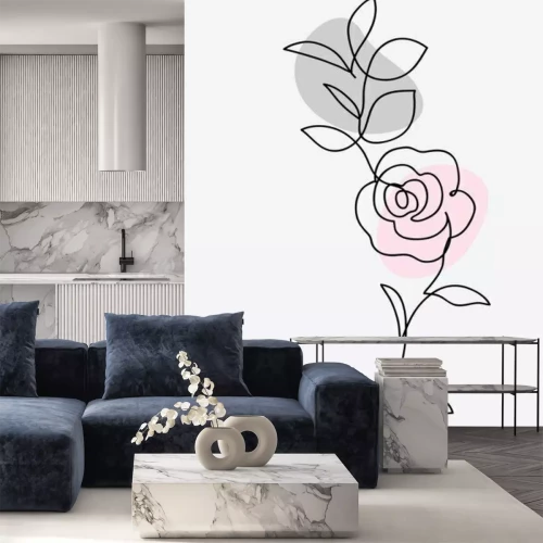 Sticker  One line drawing. Ornament with garden rose and leaves. Hand drawn sketch. Vector illustration.