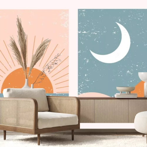 Sticker  Abstract contemporary aesthetic background landscape set with Sun, Moon, sea, mountains. Earth tones, pastel colors. Boho wall decor. Mid century modern minimalist art print. Flat abstract design.