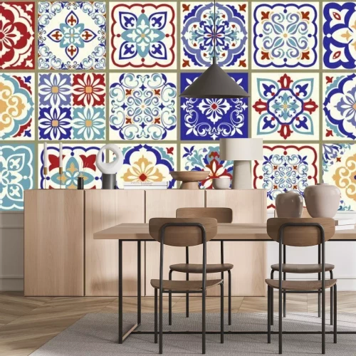 Sticker  Collection of 18 ceramic tiles in turkish style. Seamless colorful patchwork from Azulejo tiles. Portuguese and Spain decor. Islam, Arabic, Indian, Ottoman motif. Vector Hand drawn background