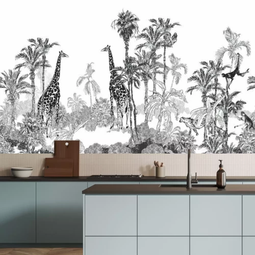 Papier peint  Motif tropical noir et blanc avec des girafes