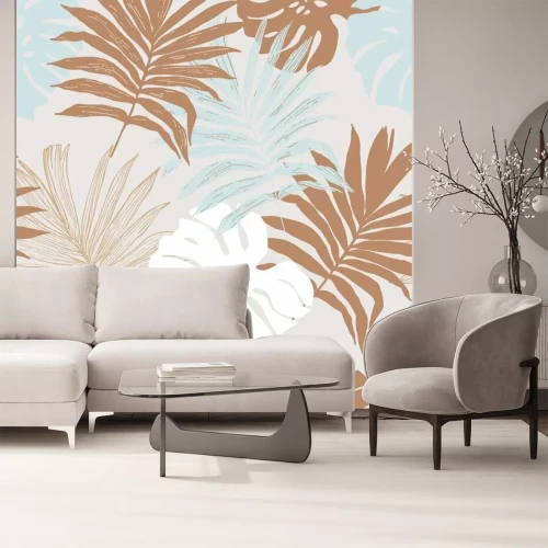 Papier peint  Minimal tropical art seamless pattern. Monstera and palm leaves silhouettes, line art background