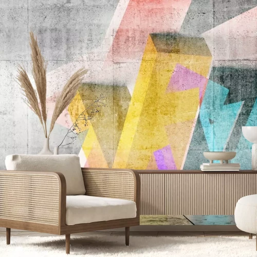 Papier peint  Empty room with colorful geometric graffiti, 3d