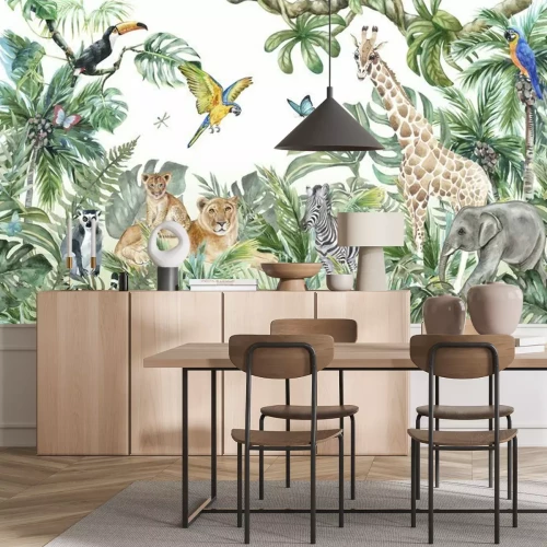 Papier peint  Children's wallpaper, watercolor jungle and animals. Lions, giraffe, elephant, parrots, zebra, lemur