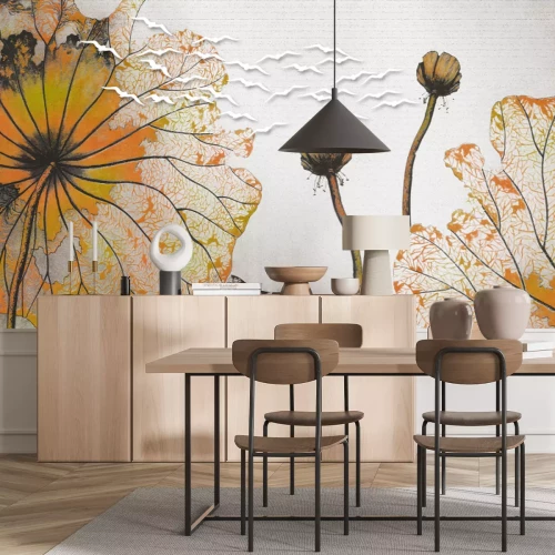 Papier peint  Poppies abstraits et silhouettes d'oiseaux blancs