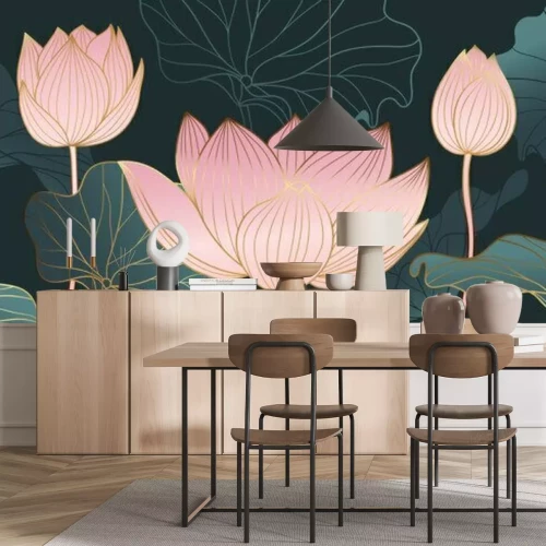 Papier peint  Luxurious background design with golden lotus. Lotus flowers line arts design for wallpaper, natural wall arts, banner, prints, invitation and packaging design. vector illustration.