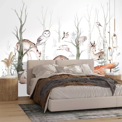 Papier peint  Animaux de la forêt dans un paysage forestier en aquarelle
