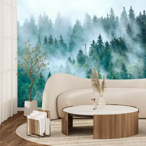 Papier peint  Paysage mystique d’une forêt de conifères dans la brume