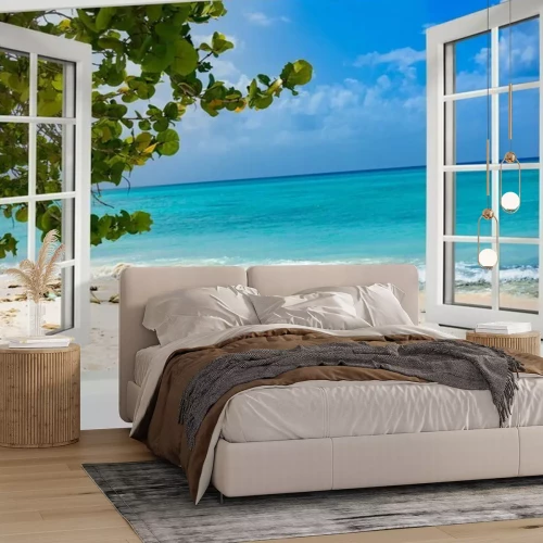 Papier peint  Fenêtre ouverte avec vue sur une plage paradisiaque