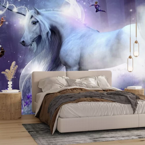Papier peint  Licorne blanche et fées dans une forêt magique