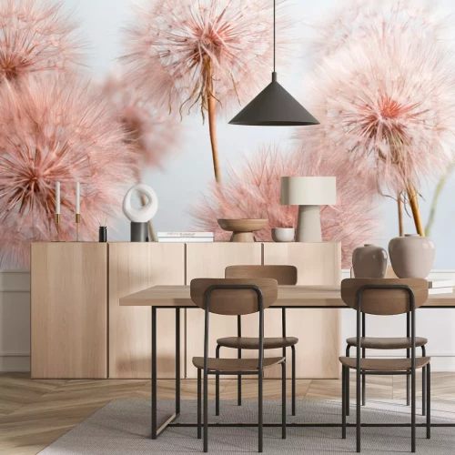 Papier peint  Pissenlits roses sur fond clair, motif botanique en gros plan