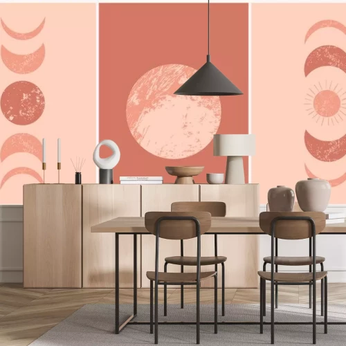 Sticker  Abstract contemporary aesthetic cards set with moon phases. Mid century  minimalist art print. Boho modern wall decor. Organic terracotta shapes. Mystery vector background