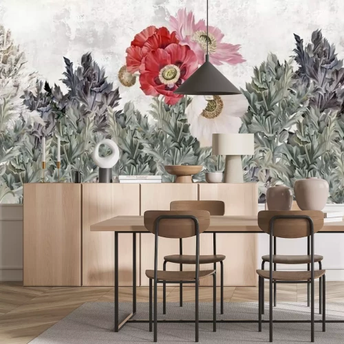 Papier peint  Poppies flowers illustration. Poppies painted on the grunge wall. Beautiful design for card, postcard, picture, mural, wallpaper, photo wallpaper.
