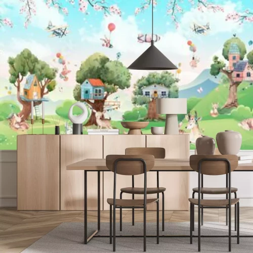 Papier peint  Paysage de conte de fées avec animaux et cabanes dans les arbres