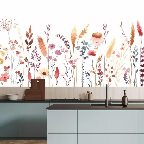 Papier peint  Watercolor floral seamless pattern with colorful wildflowers, plants and grass. Panoramic horizontal border, isolated illustration. Meadow in vintage style.