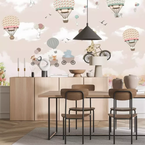 Papier peint  Animaux dans des véhicules et des ballons sur fond de ciel rose