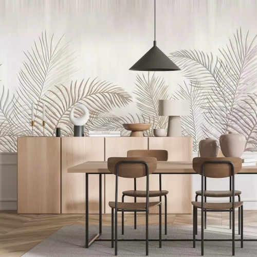 Papier peint  Tropical palm leaves. Beige leaves on a light background. Mural, Wallpaper for internal printing.