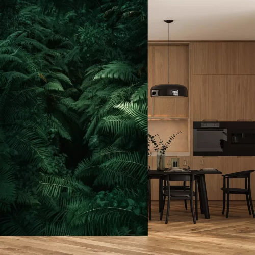 Sticker  Ferns in the forest, Bali. Beautiful ferns leaves green foliage. Close up of beautiful growing ferns in the forest. Natural floral fern background in sunlight. 