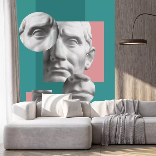 Sticker  Collage with plaster antique sculpture of human face in a pop art style. Modern creative concept image with ancient statue head. Zine culture. Contemporary art poster. Funky minimalism. Retro design.