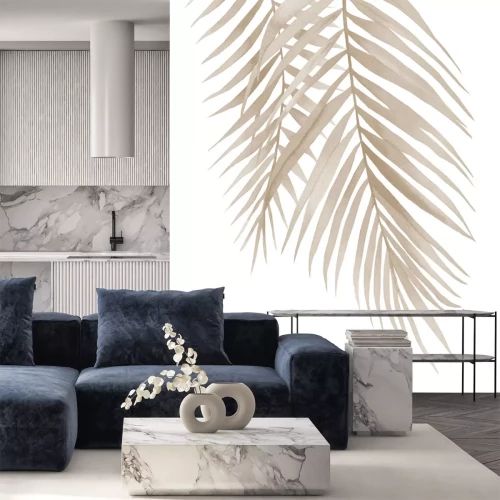 Papier peint  Feuilles exotiques beiges sur fond blanc