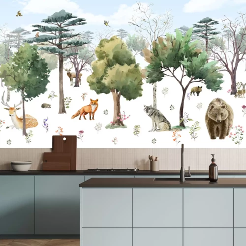 Papier peint  Paysage forestier avec des petits animaux en style aquarelle
