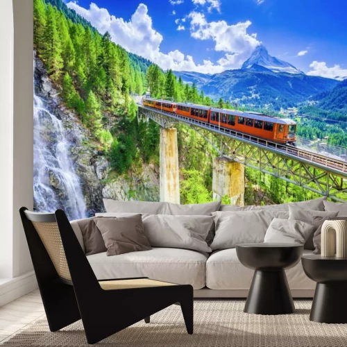 Papier peint  Paysage avec cascade et train sur un pont