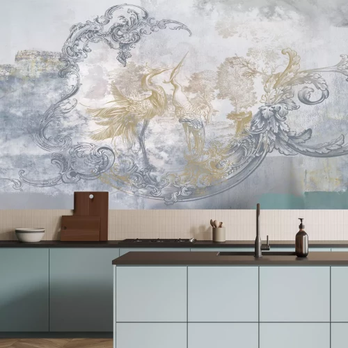 Papier peint  Wall mural, wallpaper, in the style of classic, baroque, modern, rococo. Wall mural with birds and concrete grunge background. Light, delicate photo wallpaper design.