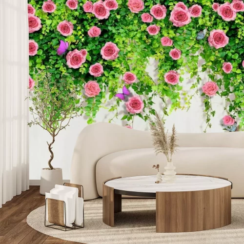 Papier peint  Roses roses parmi des feuilles vertes en 3D