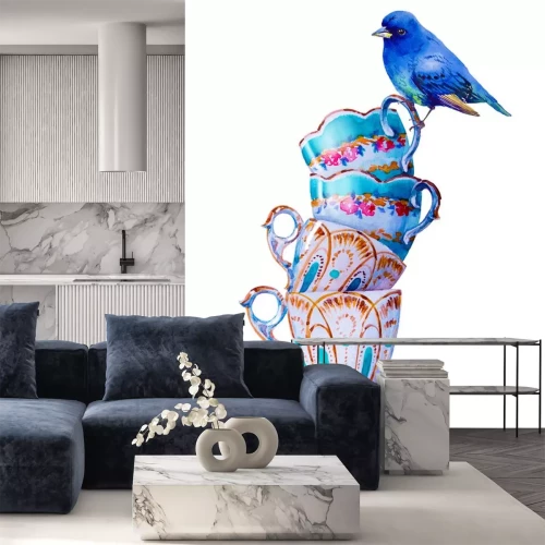 Sticker  Oiseau bleu et tasses shabby chic