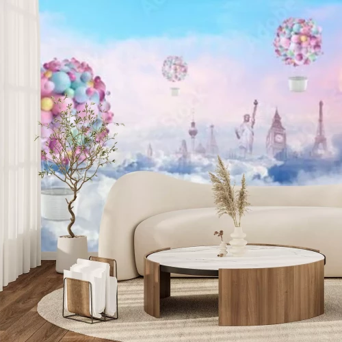 Papier peint  Icônes touristiques et ballons composition abstraite parmi les nuages