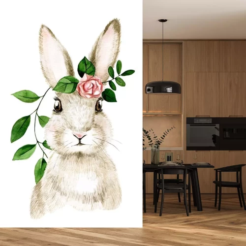 Sticker  Lapin mignon avec une rose sur fond blanc