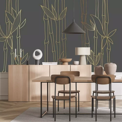 Papier peint  Pousses de bambou dorées sur fond sombre