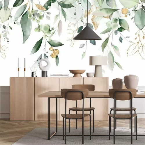 Papier peint  Watercolor botanic, Leaf and buds. Seamless herbal composition for wedding or greeting card. Spring Border with leaves eucalyptus