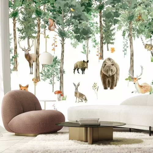 Papier peint  Children's wallpaper. Watercolor forest with animals.
