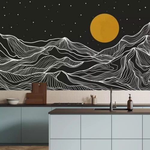 Papier peint  Landscape wallpaper design with Golden mountain line arts, luxury background design for cover, invitation background, packaging design, fabric, and print. Vector illustration.