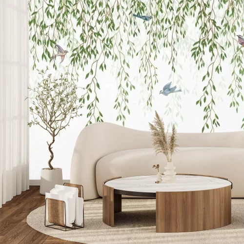 Papier peint  Willow branches hanging from above with birds . Wallpaper, murals and wall paintings for interior printing.