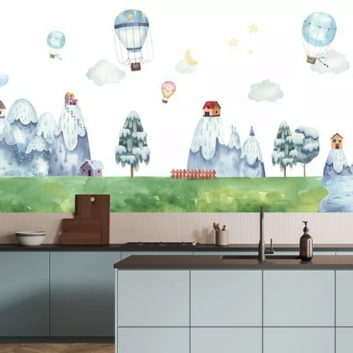 Papier peint  Border seamless pattern childrens illustration with balloons, mountain landscape, trees, forest, houses in the mountains, clouds, watercolor illustration pastel gentle colors