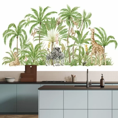 Papier peint  Watercolor safari animals and tropical palms. Jungle compositions. Giraffe, zebra, monkey, parrot. Brigth summer exotic jungle. 