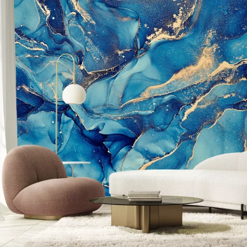 Papier peint  Natural  luxury abstract fluid art painting in alcohol ink technique. Tender and dreamy  wallpaper. Mixture of colors creating transparent waves and golden swirls. For posters, other printed materials