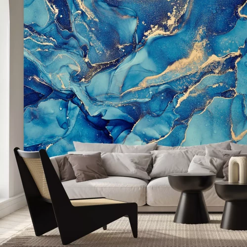 Sticker  Natural  luxury abstract fluid art painting in alcohol ink technique. Tender and dreamy  wallpaper. Mixture of colors creating transparent waves and golden swirls. For posters, other printed materials