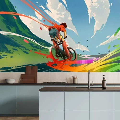 Papier peint  Young man riding a bicycle with a colorful energy, digital art style, illustration painting