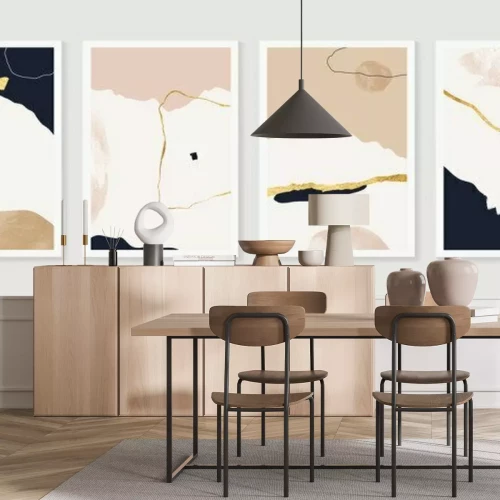 Sticker  Luxury Gold Mountain wall art vector set. Earth tones landscapes backgrounds set with moon and sun.  Abstract Plant Art design for print, cover, wallpaper, Minimal and  natural wall art. 