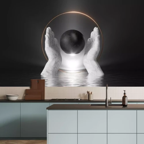 Sticker  3d render, abstract black background with white marble hands hold black stone ball, inside golden round frame; bright shining light and reflections in the water. Modern minimal scene