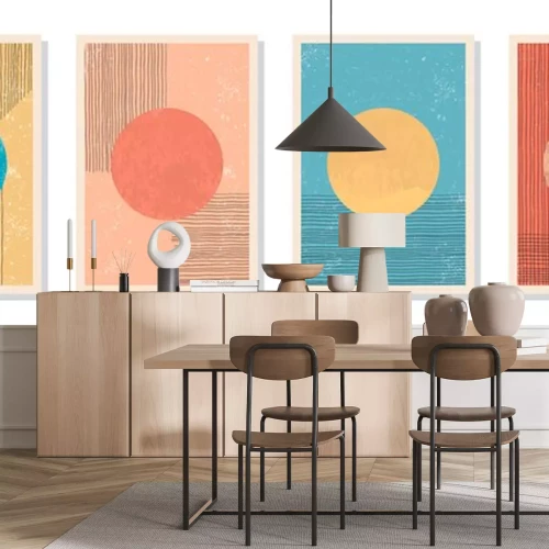 Sticker  Elegant abstract trendy minimalist aesthetic hand painted backgrounds. Contemporary wall art decor. Collection of A4 mid-century art compositions with textured organic shapes. CMYK