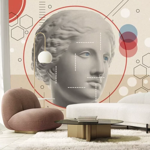 Sticker  Art collage with antique sculpture of Venus face and numbers, geometric shapes. Beauty, fashion and health theme. Science, research, discovery, technology concept. Zine culture. Pop art style.