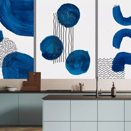 Sticker  Vector illustration. Abstract contemporary aesthetic backgrounds. Design for poster, postcard, invitation card, flyer, brochure cover. Room wall decor. Blue watercolor paints with golden splash dots